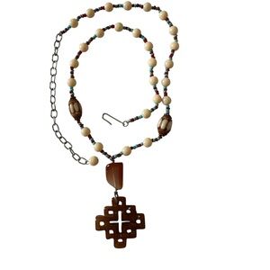 Sundance Cream Brown Turquoise Shell Beaded Necklace with Cross Pendant